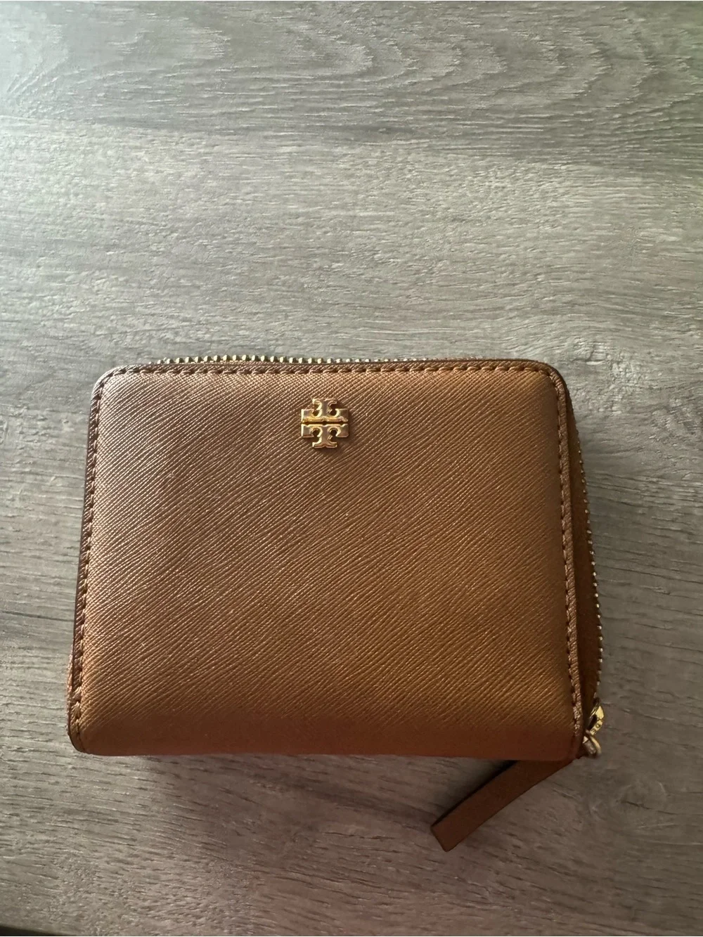 Tory Burch Brown Saffiano Zip Around Wallet with Gold Logo